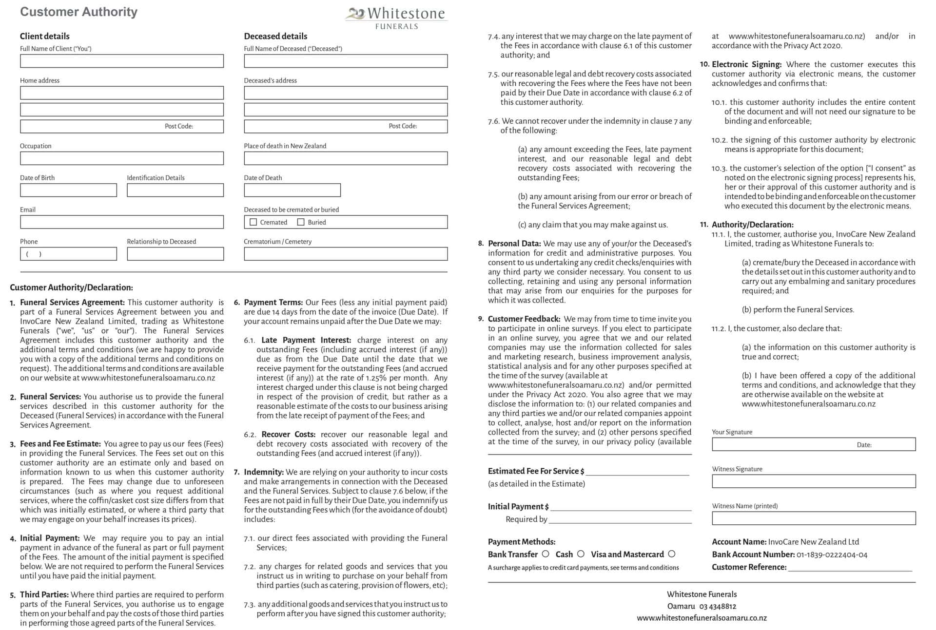 Whitestone Funerals Customer Authority Form